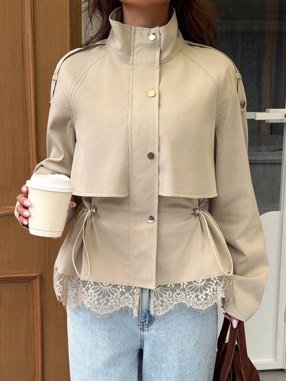 Apricot Casual Women's Chic Funnel Neck Short Trench Coat - Picture 5 of 10